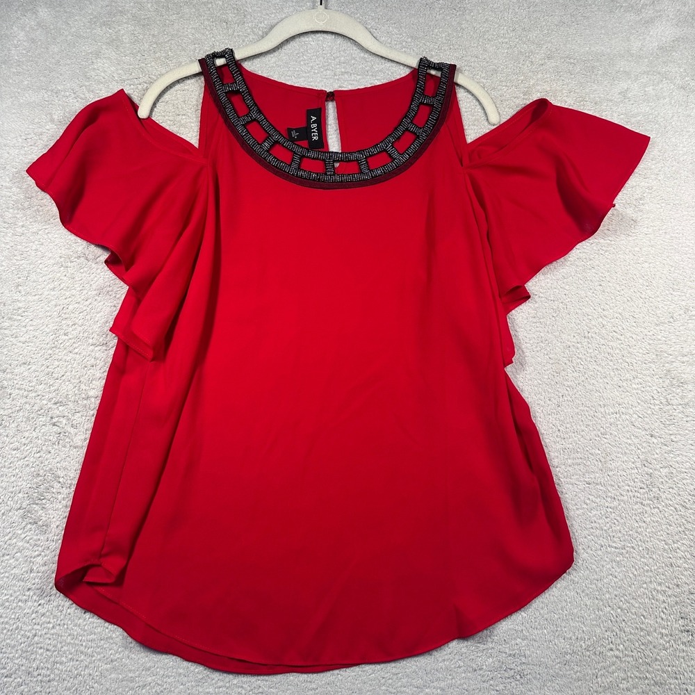 A. Byer Cold Shoulder Top Ruffle Sleeve Beaded‎ Neckline Red Size L